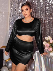 SHEIN Unity Plus Fringe Hem Crop Satin Top - Black - View 1