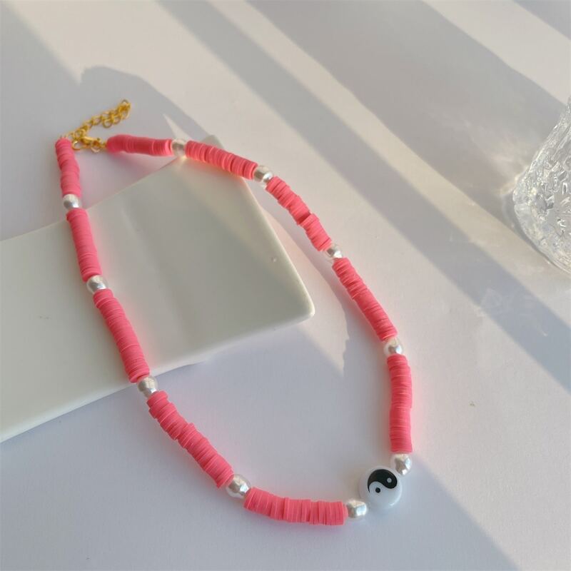 

Yin & Yang Decor Soft Clay Beaded Necklace, Hot pink
