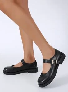 Buckle Detail Mary Jane Flats - Black - View 4