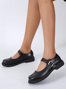 Buckle Detail Mary Jane Flats - Black - View 1