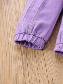 Toddler Girls Solid Shirred Hoodie & Top-stitching Sweatpants - Lilac Purple - View 3