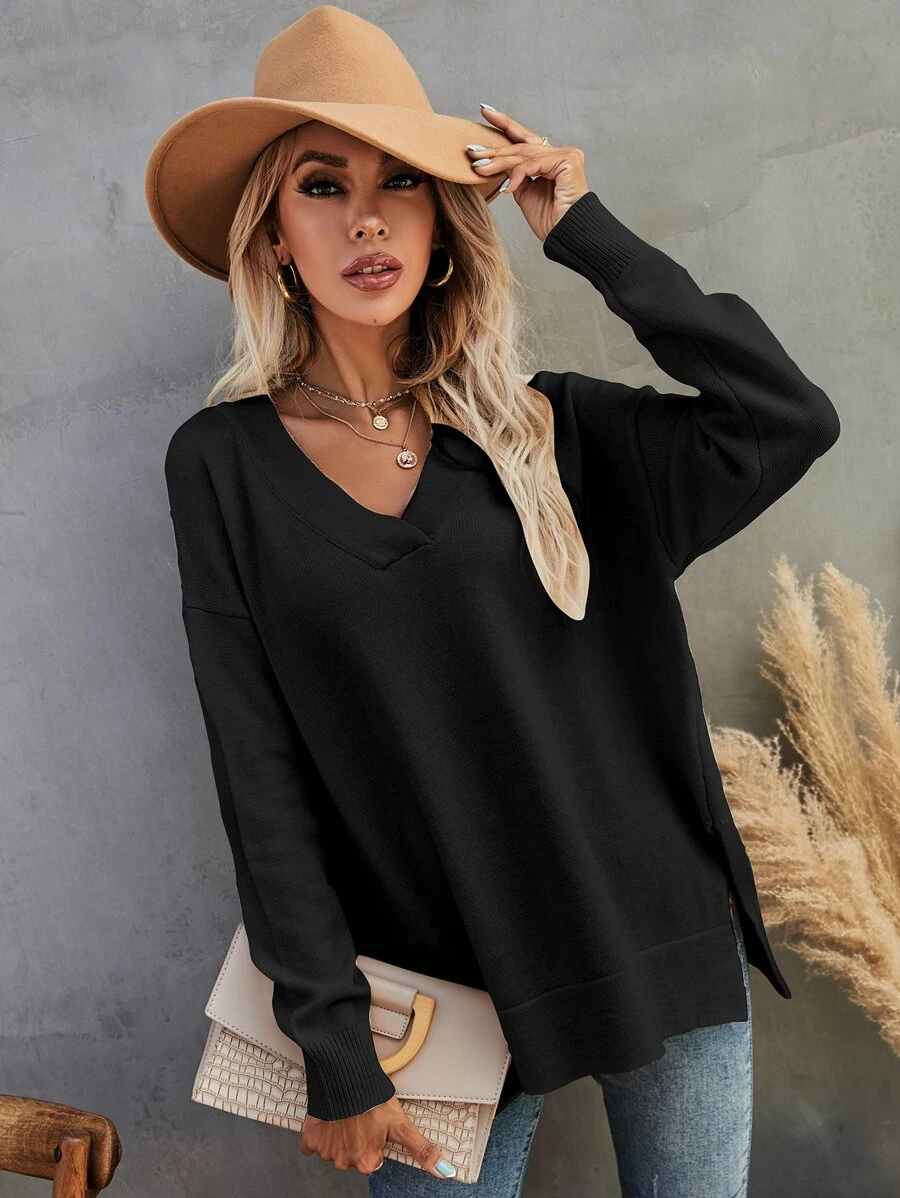 SHEIN LUNE Áo len nữ Chia màu trơn Giải trí - màu đen - Xem 1