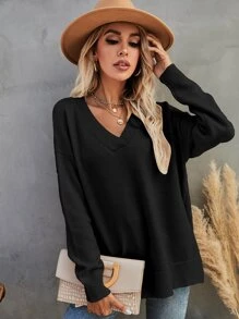 SHEIN LUNE Áo len nữ Chia màu trơn Giải trí - màu đen - Xem 3