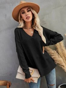 SHEIN LUNE Áo len nữ Chia màu trơn Giải trí - màu đen - Xem 4