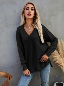 SHEIN LUNE Áo len nữ Chia màu trơn Giải trí - màu đen - Xem 5