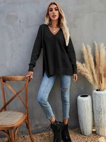 SHEIN LUNE Áo len nữ Chia màu trơn Giải trí - màu đen - Xem 6