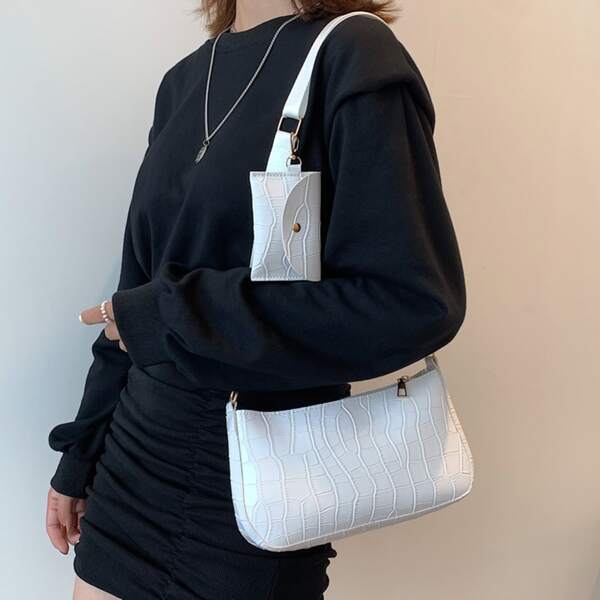 

Croc Embossed Baguette Bag With Coin Case, White
