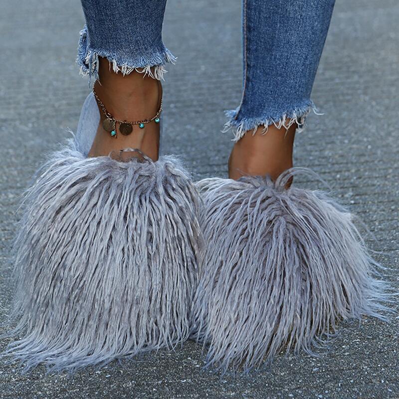 

Fluffy Flat Slippers, Grey