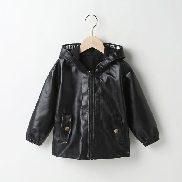 

Toddler Boys Zip Up Hooded PU Leather Coat, Black