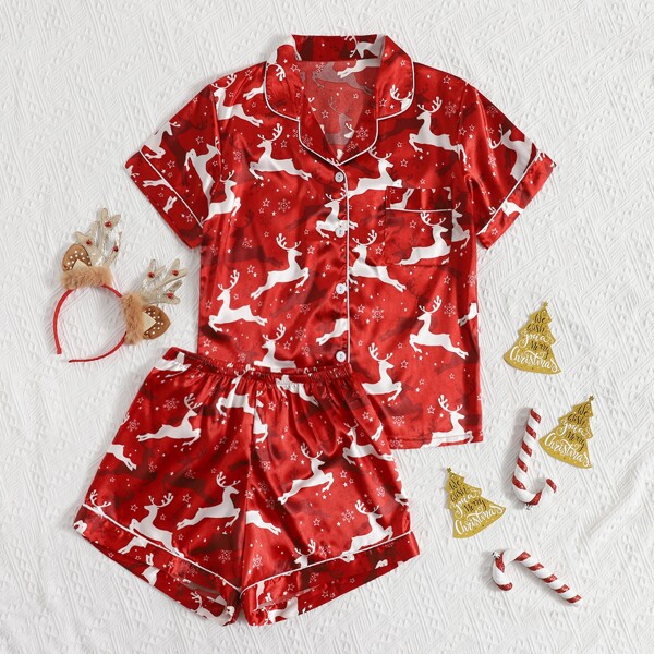 

Christmas Elk Print Contrast Binding Satin PJ Set, Red