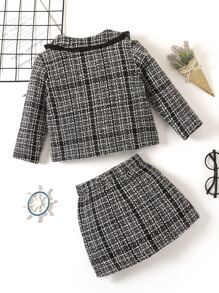 少女格紋荷葉邊修飾粗花呢外套和裙子 - 黑與白 - 查看 2