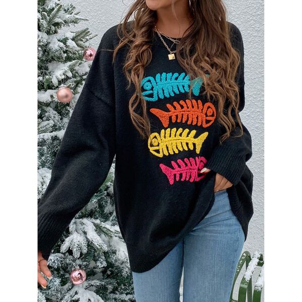 

Fishes Pattern Drop Shoulder Sweater, Black