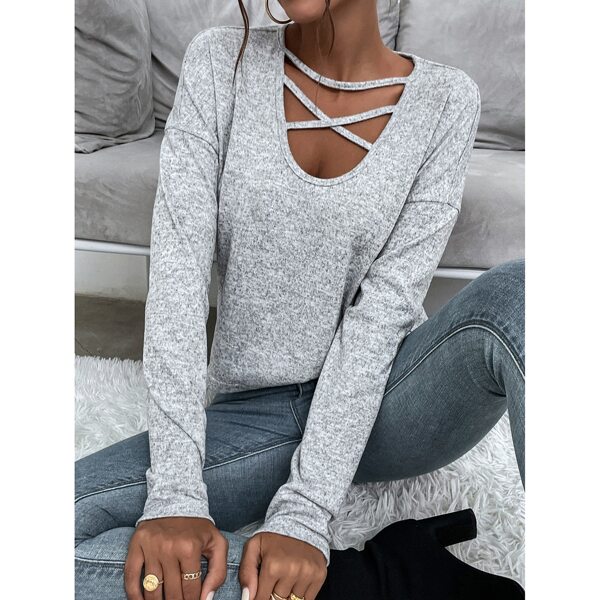 

Criss Cross Detail Drop Shoulder Tee, Light grey
