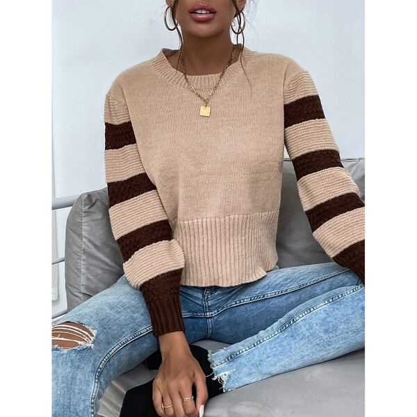 

Striped Lantern Sleeve Sweater, Khaki