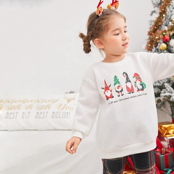 

Toddler Girls Christmas Santa & Slogan Graphic Drop Shoulder Pullover, White
