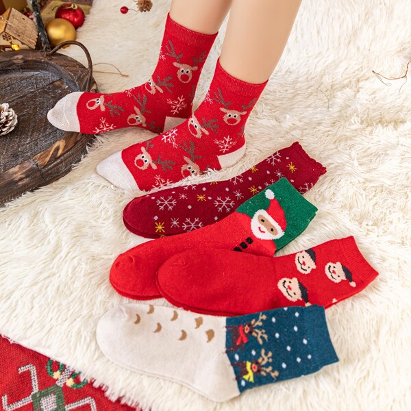 

5pairs Christmas Print Crew Socks, Multicolor