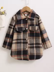 Young Girl Flap Detail Plaid Overcoat