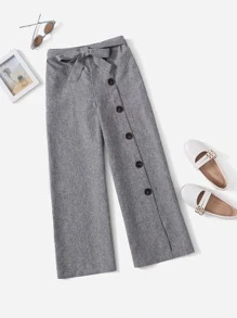 SHEIN Girls Single Breasted Belted Wide Leg Trousers - Grey - View 1