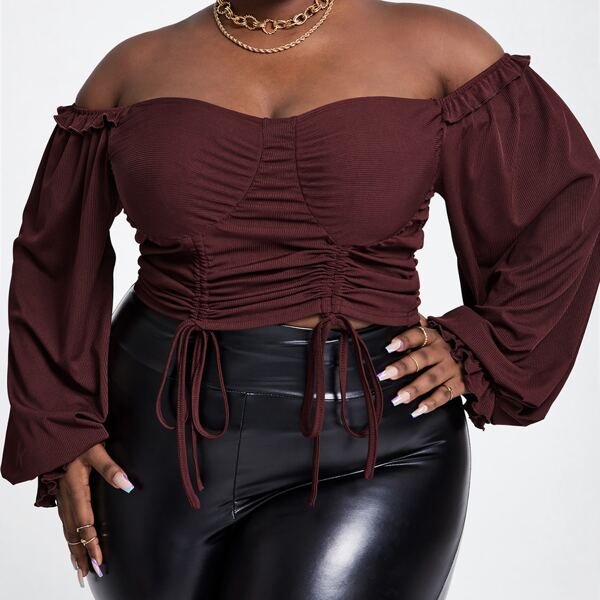 

Plus Drawstring Front Off Shoulder Tee, Maroon