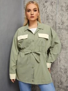 Flirla Plus Contrast Panel Flap Pocket Drop Shoulder Drawstring Waist Coat - Mint Green - View 1