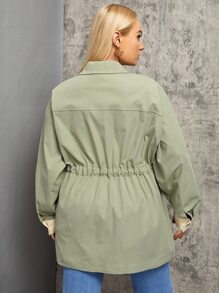 Flirla Plus Contrast Panel Flap Pocket Drop Shoulder Drawstring Waist Coat - Mint Green - View 2