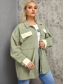 Flirla Plus Contrast Panel Flap Pocket Drop Shoulder Drawstring Waist Coat - Mint Green - View 3