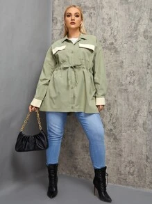 Flirla Plus Contrast Panel Flap Pocket Drop Shoulder Drawstring Waist Coat - Mint Green - View 4