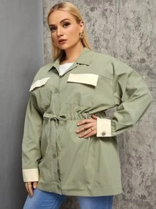 Flirla Plus Contrast Panel Flap Pocket Drop Shoulder Drawstring Waist Coat - Mint Green - View 5