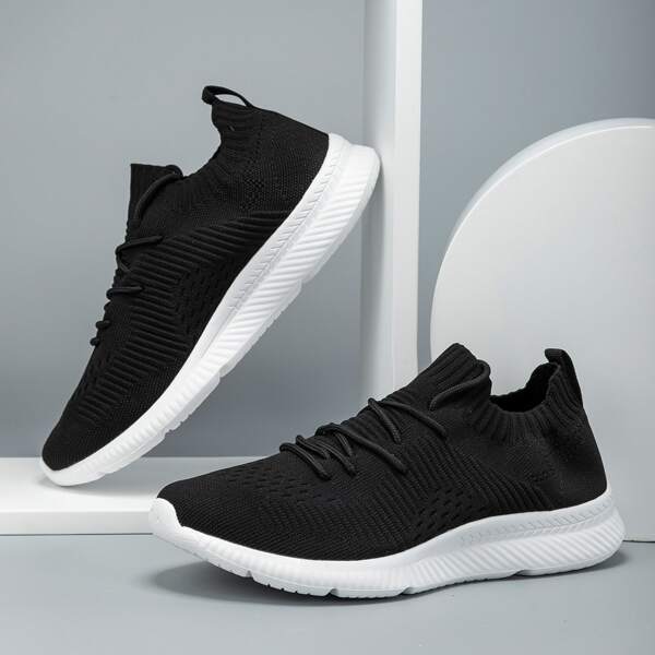

Knit Detail Lace-up Front Running Shoes, Black
