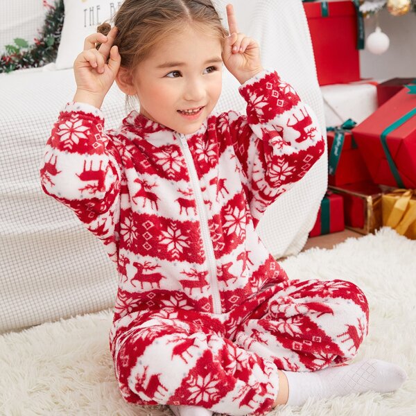 

Toddler Girls Christmas Elk & Geo Pattern Hooded Teddy Jumpsuit, Red and white