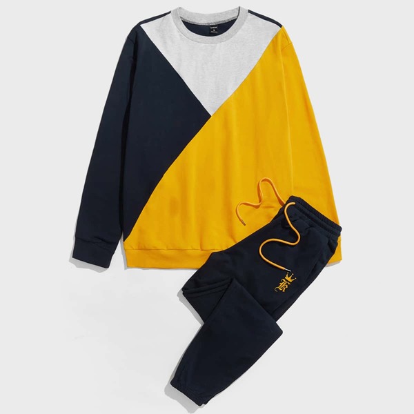 

Men Color Block Pullover & Letter Graphic Drawstring Waist Sweatpants, Multicolor
