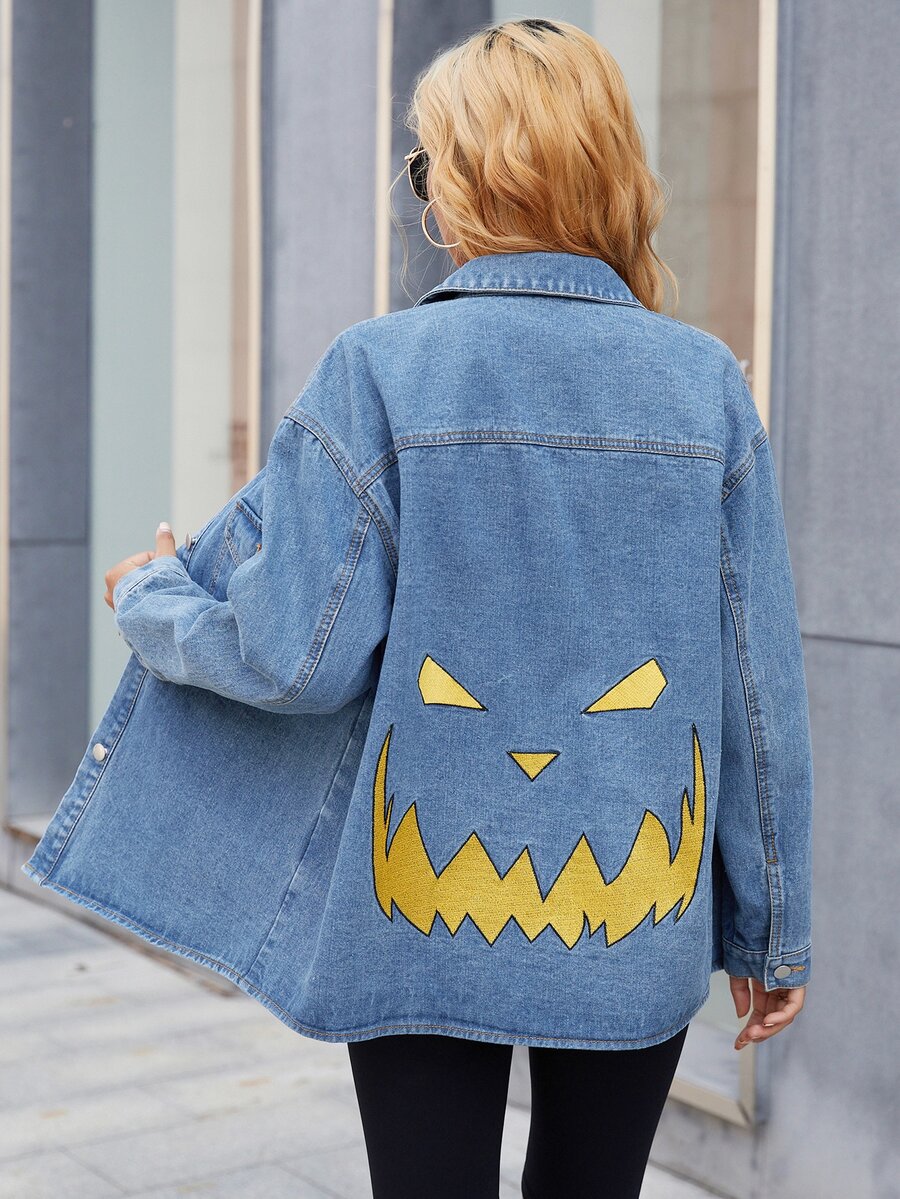 圖案刺繡前排扣牛仔夾克 - 中等水洗藍 - 查看 1