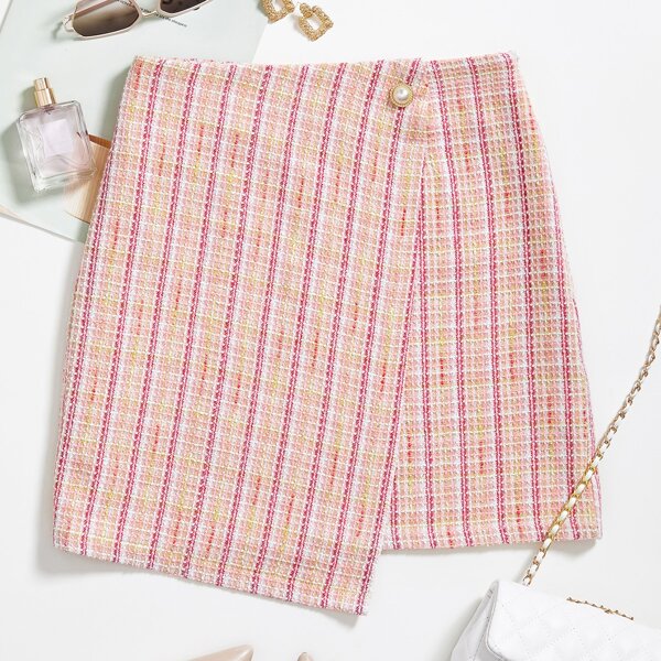 

Plaid Single Button Tweed Skirt, Multicolor