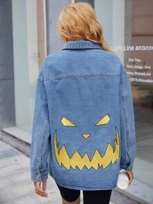 圖案刺繡前排扣牛仔夾克 - 中等水洗藍 - 查看 2