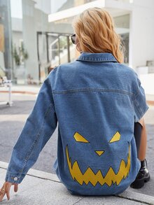 圖案刺繡前排扣牛仔夾克 - 中等水洗藍 - 查看 3