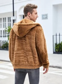 Manfinity 男士1入組拉鏈開襟連帽毛茸茸外套 - 駝色 - 查看 2