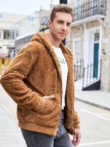Manfinity 男士1入組拉鏈開襟連帽毛茸茸外套 - 駝色 - 查看 3