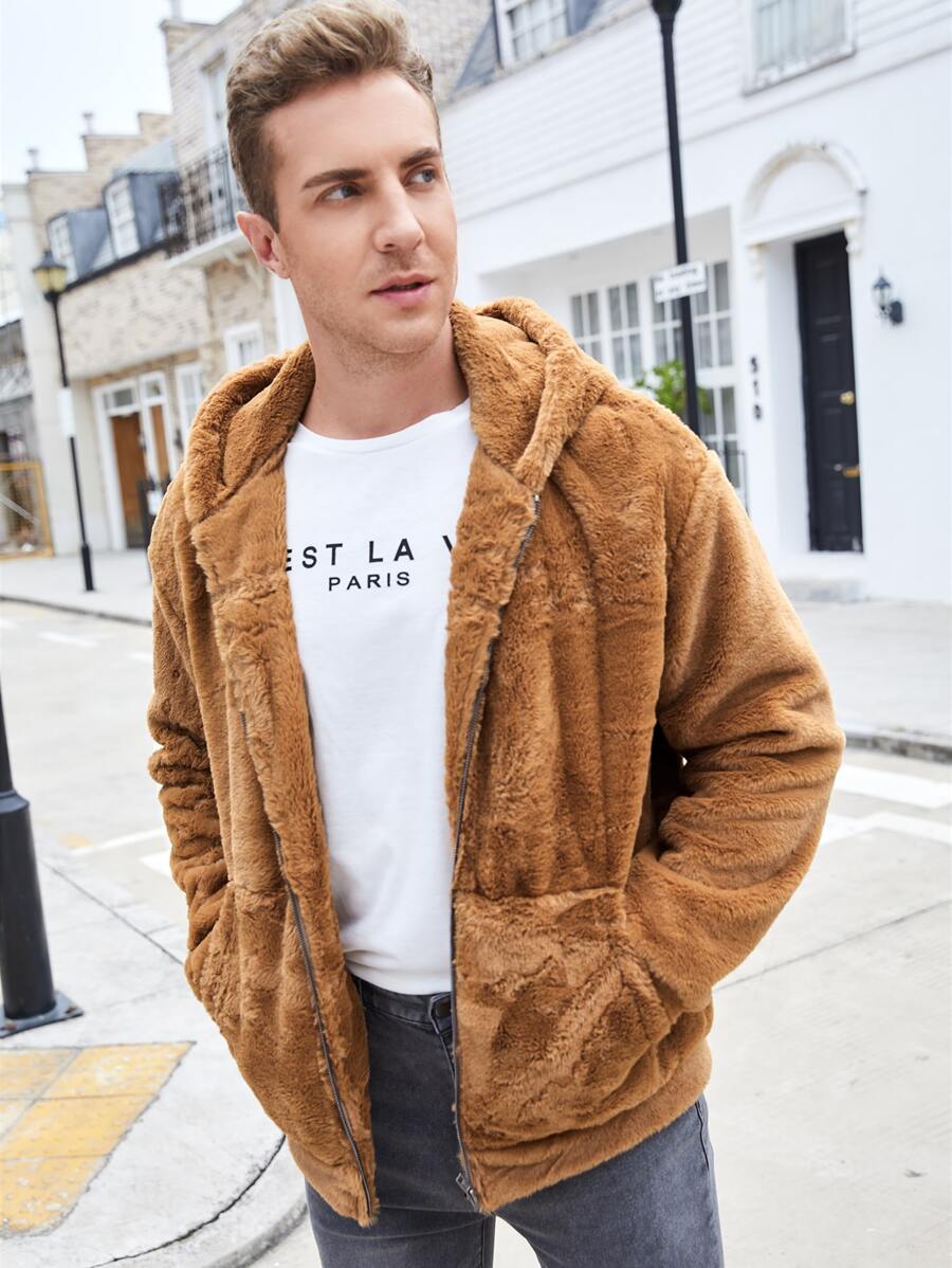 Manfinity 男士1入組拉鏈開襟連帽毛茸茸外套 - 駝色 - 查看 1