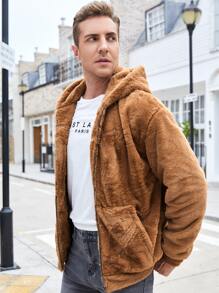 Manfinity 男士1入組拉鏈開襟連帽毛茸茸外套 - 駝色 - 查看 5