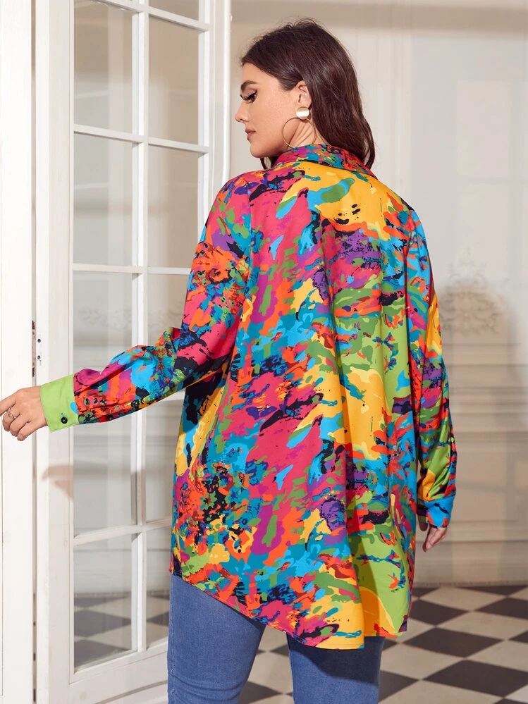SHEIN LUNE Plus Allover Print Color Block Drop Shoulder Blouse - Multicolor - View 2