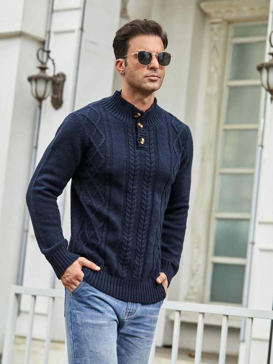 Manfinity Homme Men Argyle And Cable Knit Quarter Button Jumper - Navy Blue - View 1