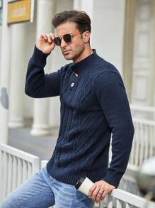 Manfinity Homme Men Argyle And Cable Knit Quarter Button Jumper - Navy Blue - View 4