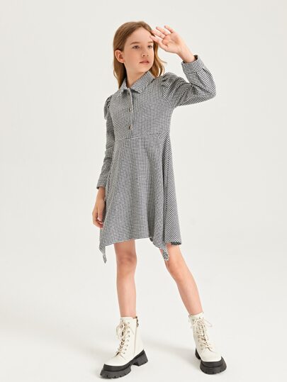 SHEIN Girls Houndstooth Puff Sleeve Asymmetrical Hem Shirt Dress