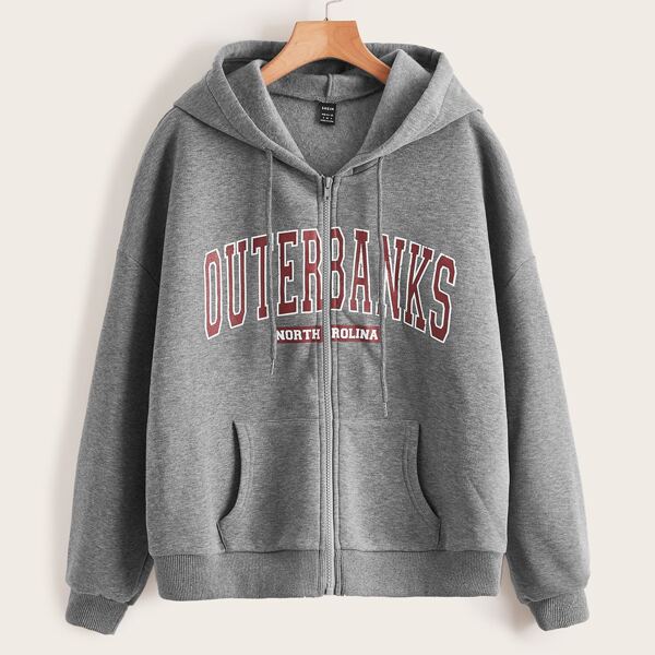 

Letter Graphic Zipper Front Hoodie, Grey