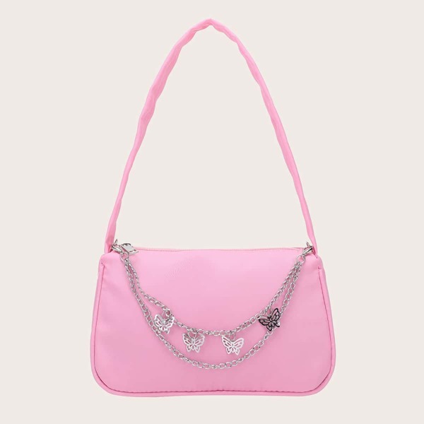 

Minimalist Chain Decor Baguette Bag, Pink