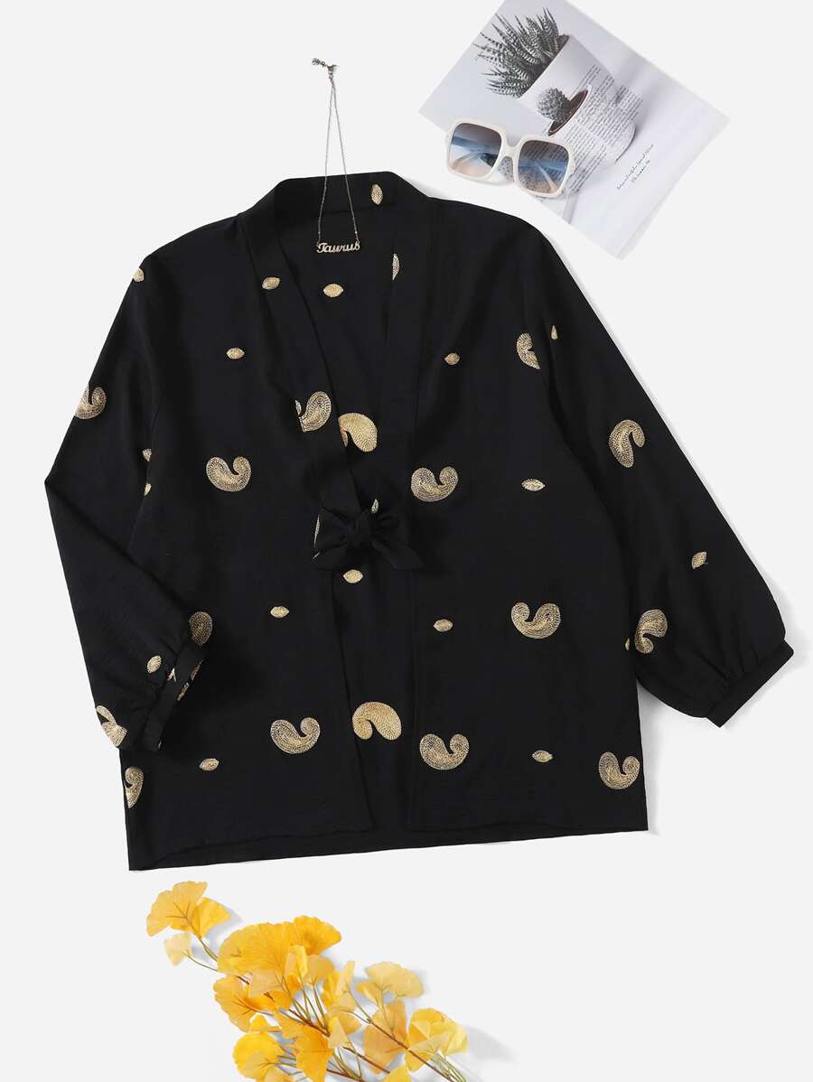SHEIN LUNE Plus Paisley Embroidery Bow Front Top