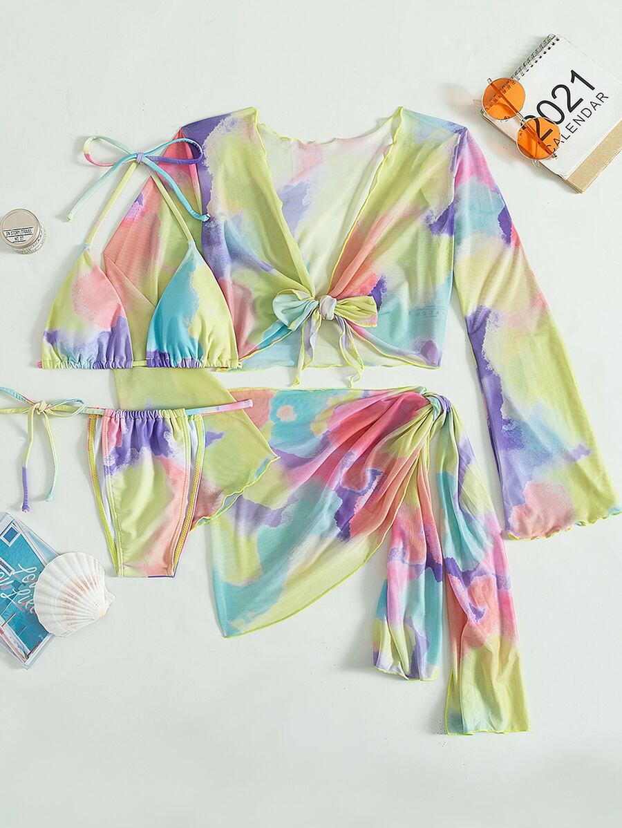 Conjunto de 4 paquetes de bikini de tanga con estampado de teñido anudado y cubierta para playa de verano - Multicolor - Ver 1