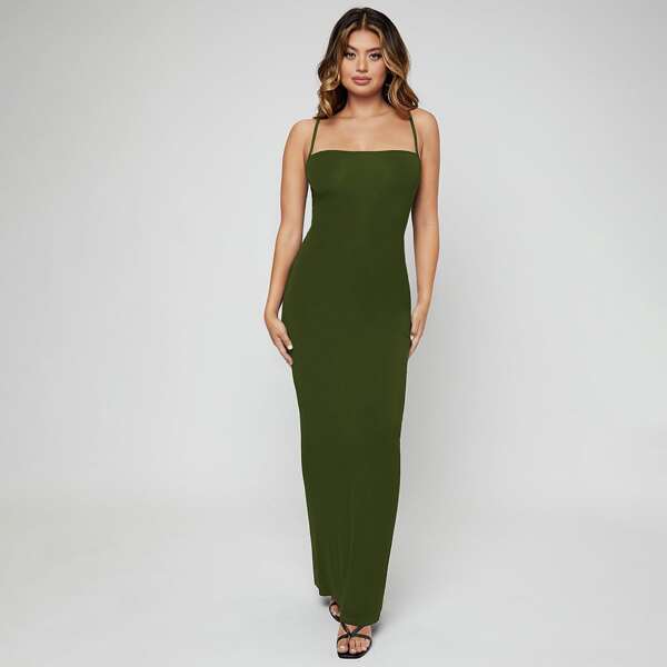 

Lace Up Backless Bodycon Dress, Army green