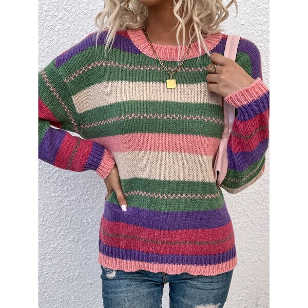 

Drop Shoulder Striped Pattern Colorblock Sweater, Multicolor