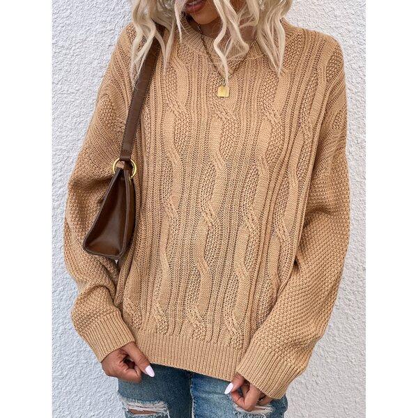 

Drop Shoulder Cable Knit Sweater, Camel